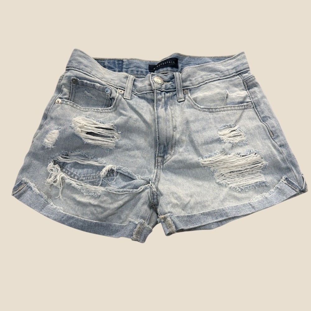 Aeropostale Mom Shorts Women 4 Light Blue Grunge  Distressed High Rise Denim
